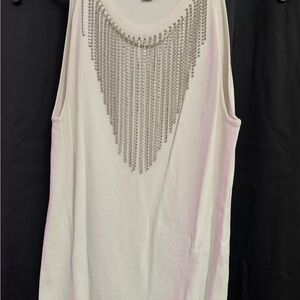 INC International Concepts White Tank Top with Silver Beaded Fringe